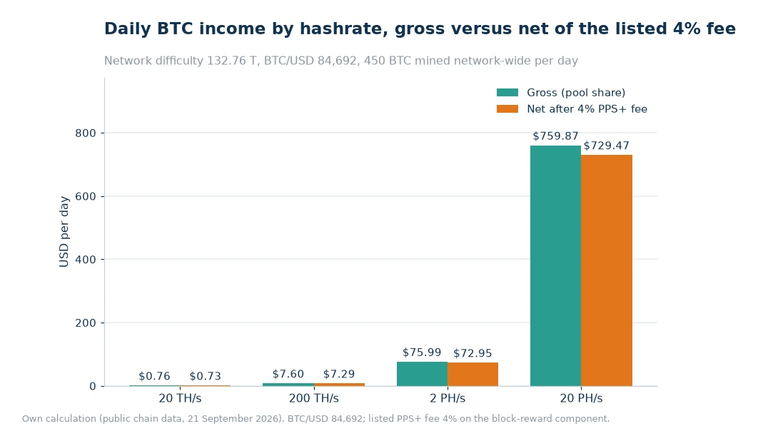 Bar chart comparing gross and net daily mining income at 20 TH/s, 200 TH/s, 2 PH/s and 20 PH/s